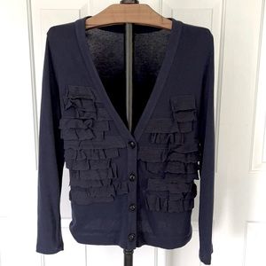 Ann Taylor Ruffle, v-neck, button front Cardigan in Navy.